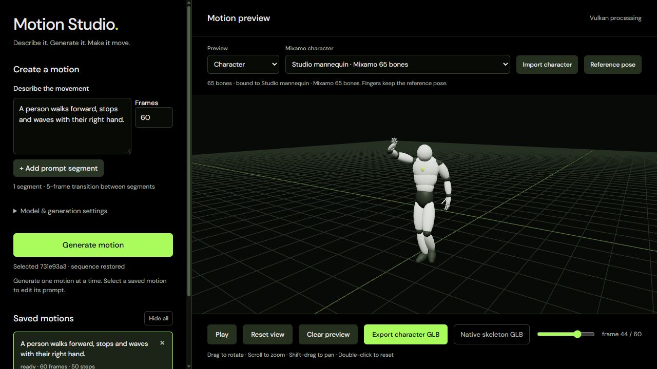 Motion Studio generating a movement and previewing it on the included mannequin.