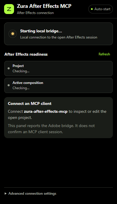 Capture of the shipped After Effects connector panel in its initial connection state.